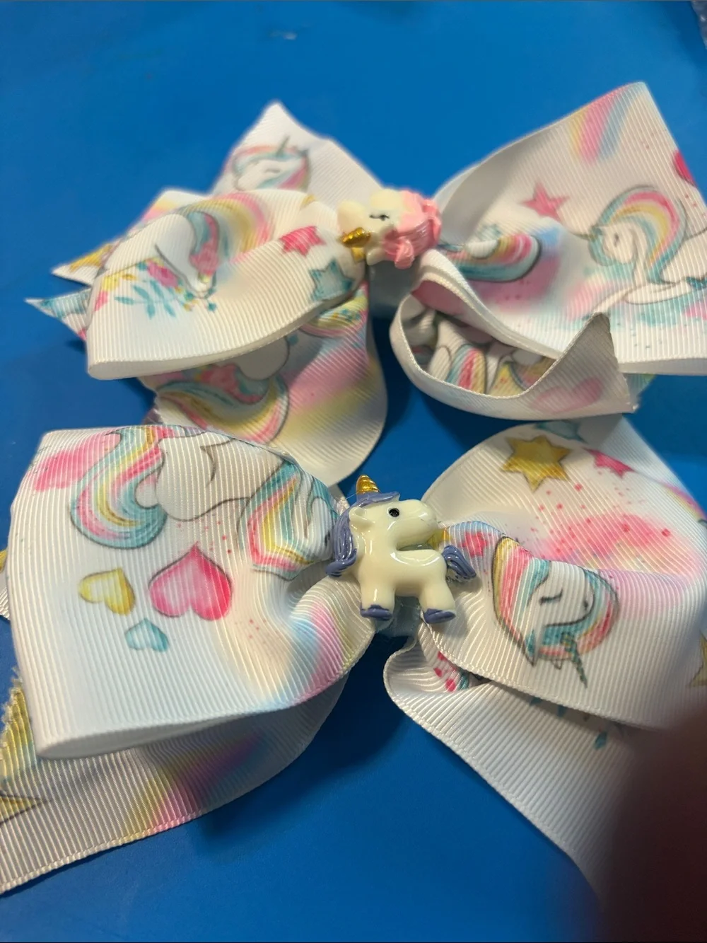 Unbranded White Unicorn Print Kids Hair Bows with Cute Unicorn Charm